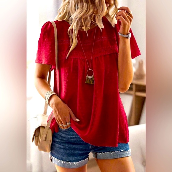 Mint Julep Boutique Tops - Rich Red Lace Embroidered Blouse | Short Sleeve | Lined | XXL | New | Mint Julep